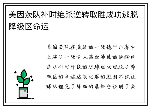 美因茨队补时绝杀逆转取胜成功逃脱降级区命运 美因茨队补时绝杀逆转取胜成功逃脱降级区命运