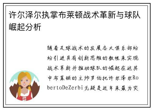 许尔泽尔执掌布莱顿战术革新与球队崛起分析