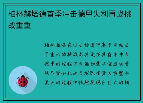 柏林赫塔德首季冲击德甲失利再战挑战重重 柏林赫塔德首季冲击德甲失利再战挑战重重