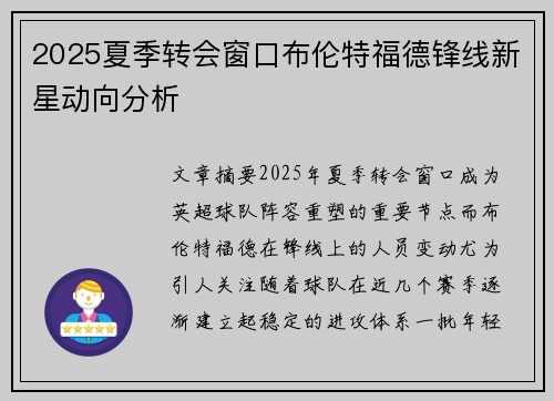 2025夏季转会窗口布伦特福德锋线新星动向分析